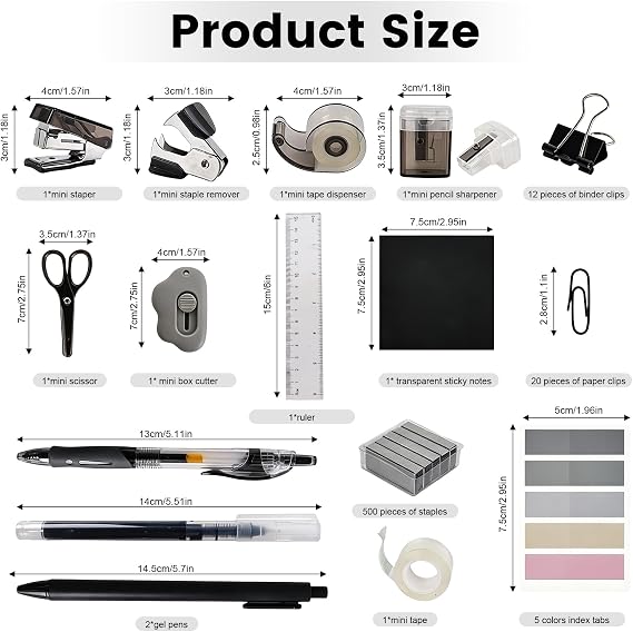 Mini Office Supply Kit, Mini Stapler with Staples and Tape Dispenser Set, Mini School Supplies Kit Includes Sticky Notes Index Tabs Gel Pens for Office & School (Black)