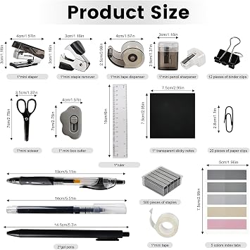 Mini Office Supply Kit, Mini Stapler with Staples and Tape Dispenser Set, Mini School Supplies Kit Includes Sticky Notes Index Tabs Gel Pens for Office & School (Black)