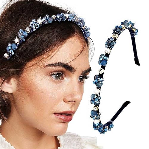Diademas finas con diamantes de imitación azules, bandas para el cabello con cuentas de cristal brillante para mujeres y niñas (azul)