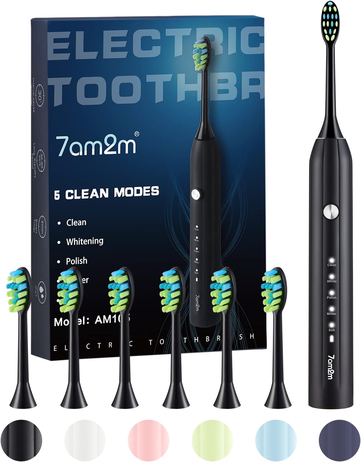 7AM2M Sonic Electric Toothbrush for Adults and Kids with 6 Brush Heads, 5 Modes with 2 Minutes Build in Smart Timer, One Charge Use for 90 Days, Rechargeable Toothbrushes (Black)