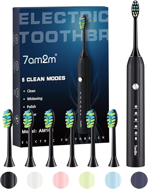 7AM2M Sonic Electric Toothbrush for Adults and Kids, One Charge for 90 Days, with 6 Brush Heads, 5 Modes with 2 Minutes Build in Smart Timer, Roman Column Handle Design (Black)