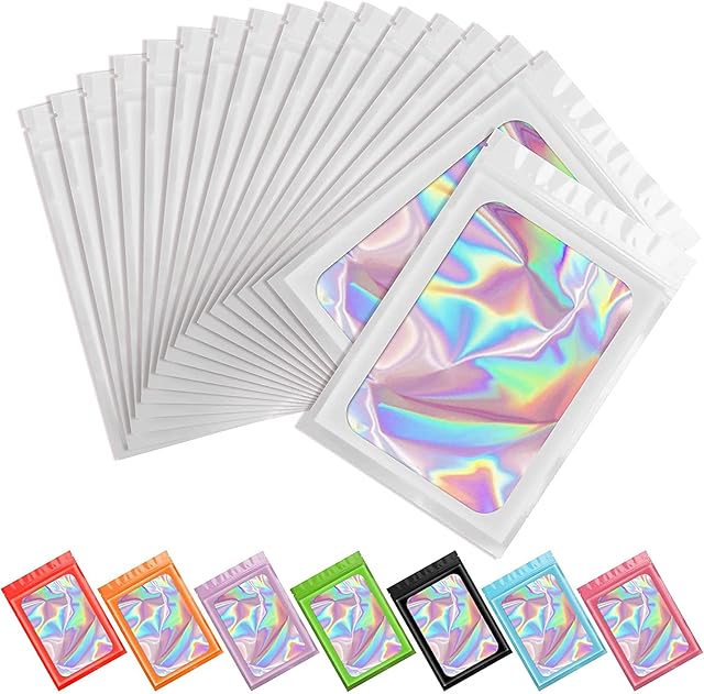 Artcut 100 PCS Mylar Bags, Resealable Foil Holographic Bags, Smell Proof Baggies Sample Bags for Spice, Food, Flour, Sweets Packaging, Heat Seal Bags (White, 2.4*3.9inch)