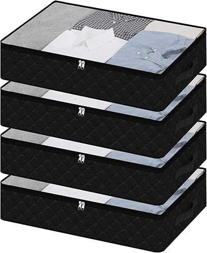 Fixwal Paquete de 4 bolsas de almacenamiento negras para debajo de la cama con ventana transparente y 2 asas reforzadas debajo de la cama para ropa,