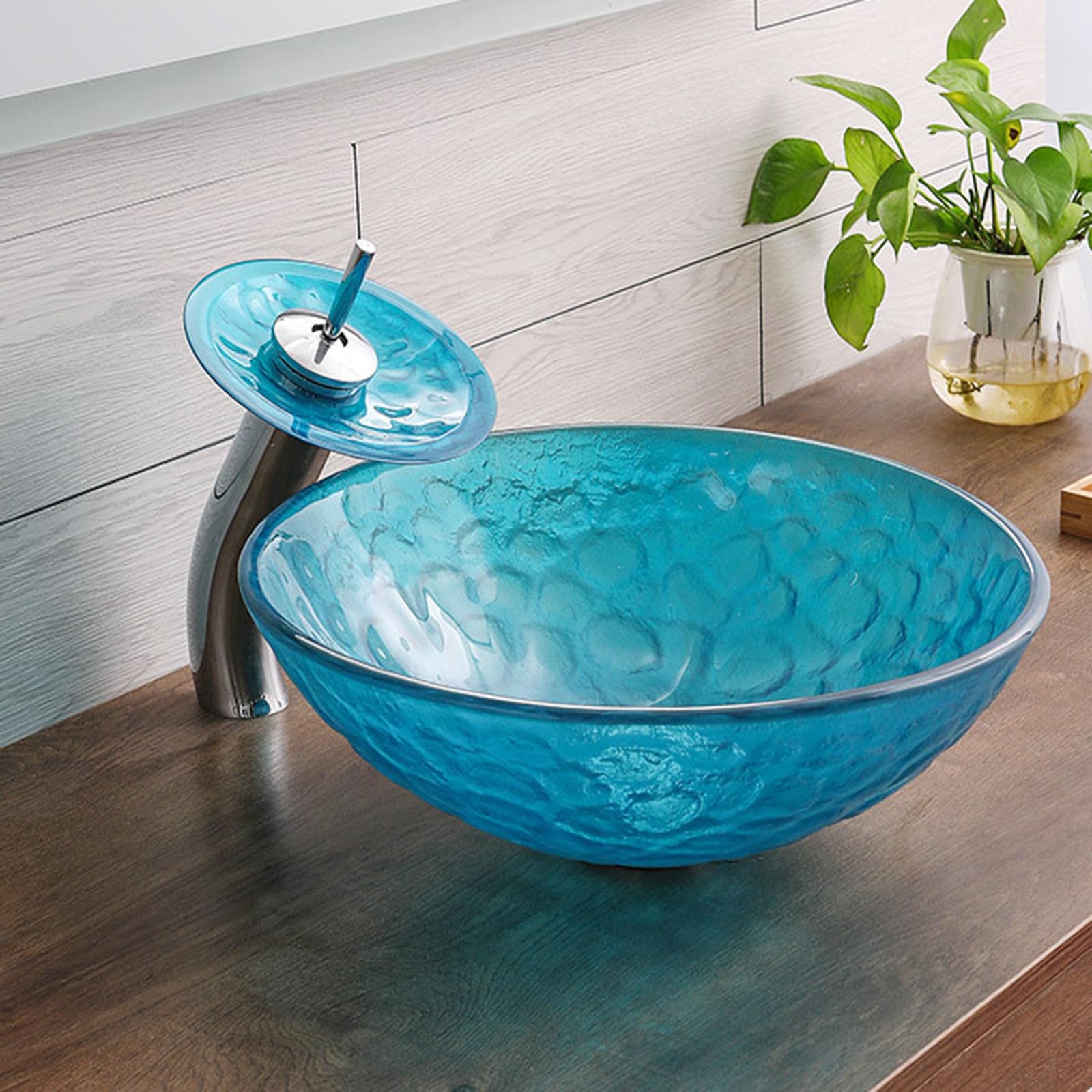 Aioneer Bathroom Countertop Basin Tempered Glass Waterfall Faucet Household Bathroom Round Countertop Washbasin Wash Basin