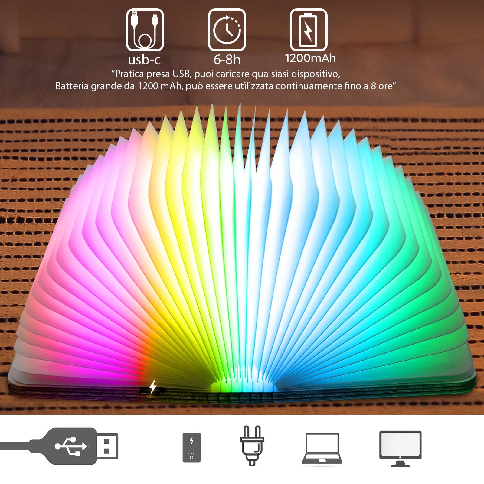 TRUMPETS Lampada Libro Led Pieghevole in Legno Mood Lights, Luci notturne 2500mAh Ricarica USB-C, Idea Regalo Originale Compleanno e Natale (12cm | RGB)