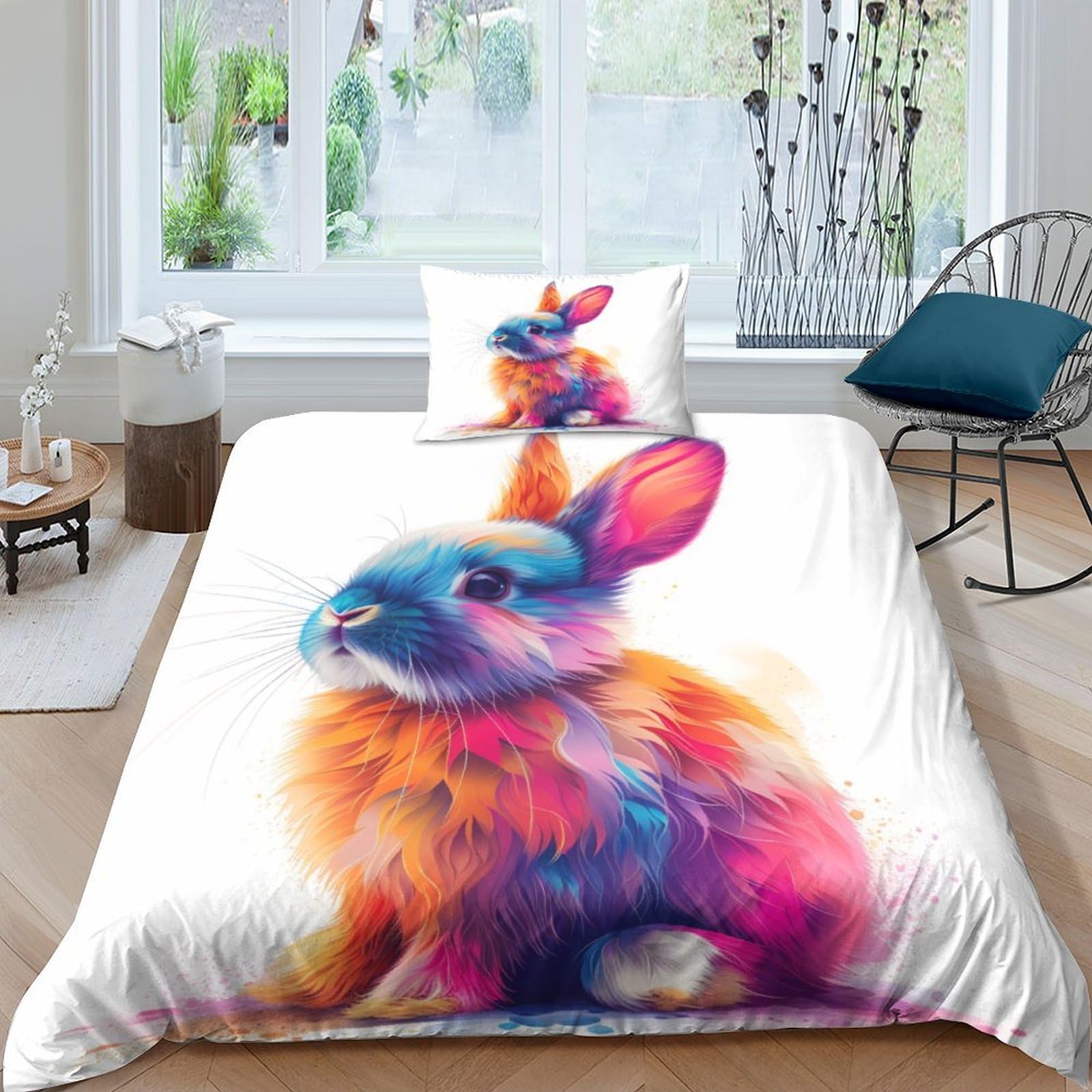 Parure de lit respirante et souple avec fermeture éclair housse de couette lapins 135x200
