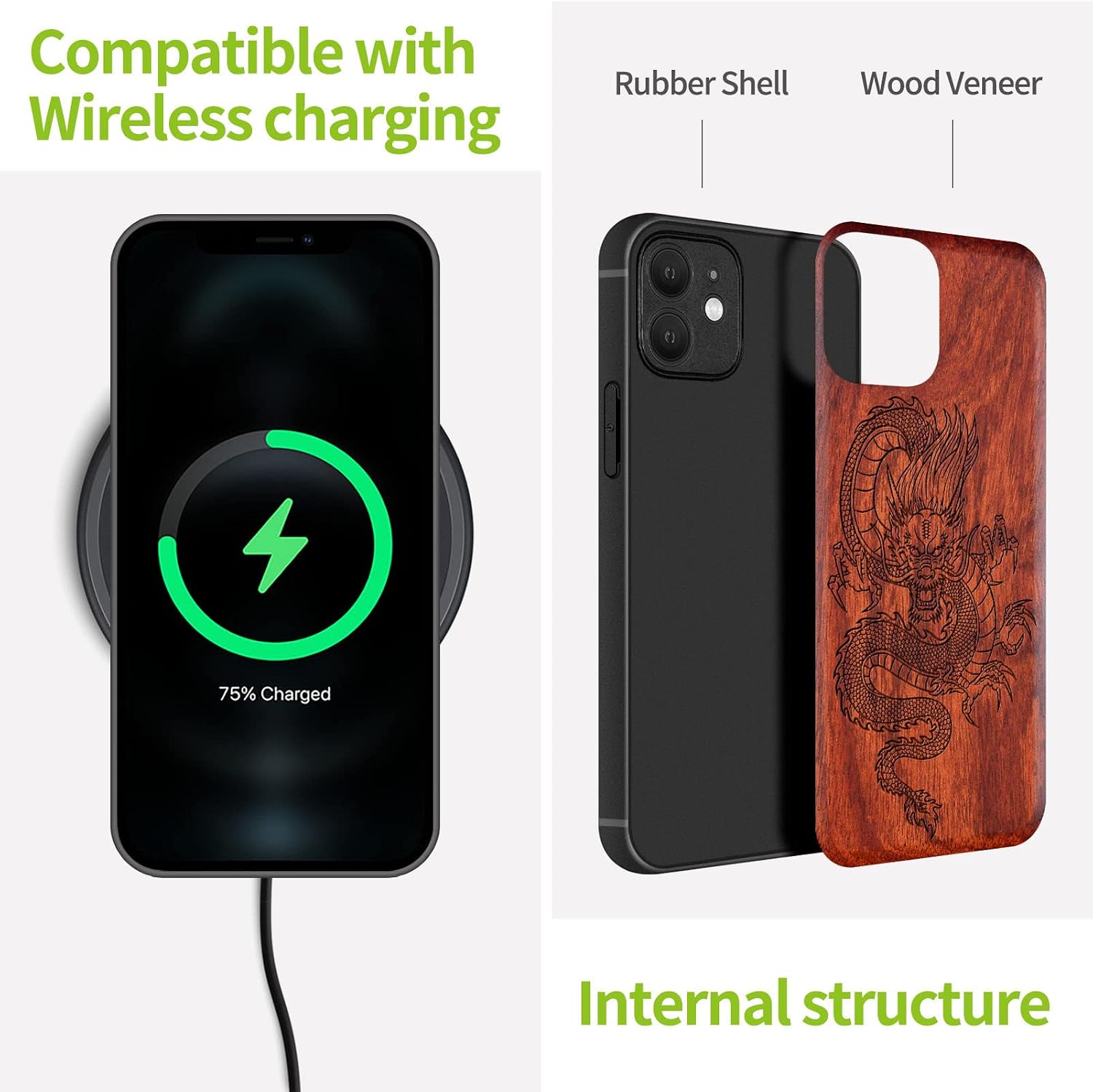 Carveit Magnetic Wood Case for iPhone 12 Mini Case [Hard Real Wood & Black Soft TPU] Shockproof Hybrid Protective Unique & Classy Wooden Cover Compatible with MagSafe (Chinese Dragon-Rosy)