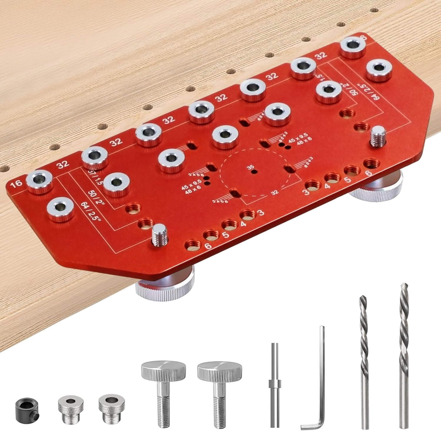 2-in-1 Shelf Pin Jig and Hinge Jig, Aluminum Adjustable Shelf Pin Drilling Jig for 5mm and 1/4" Straight Holes Shelf Peg Hole Jig for DIY Cabinet Woodworking and Home Improvement