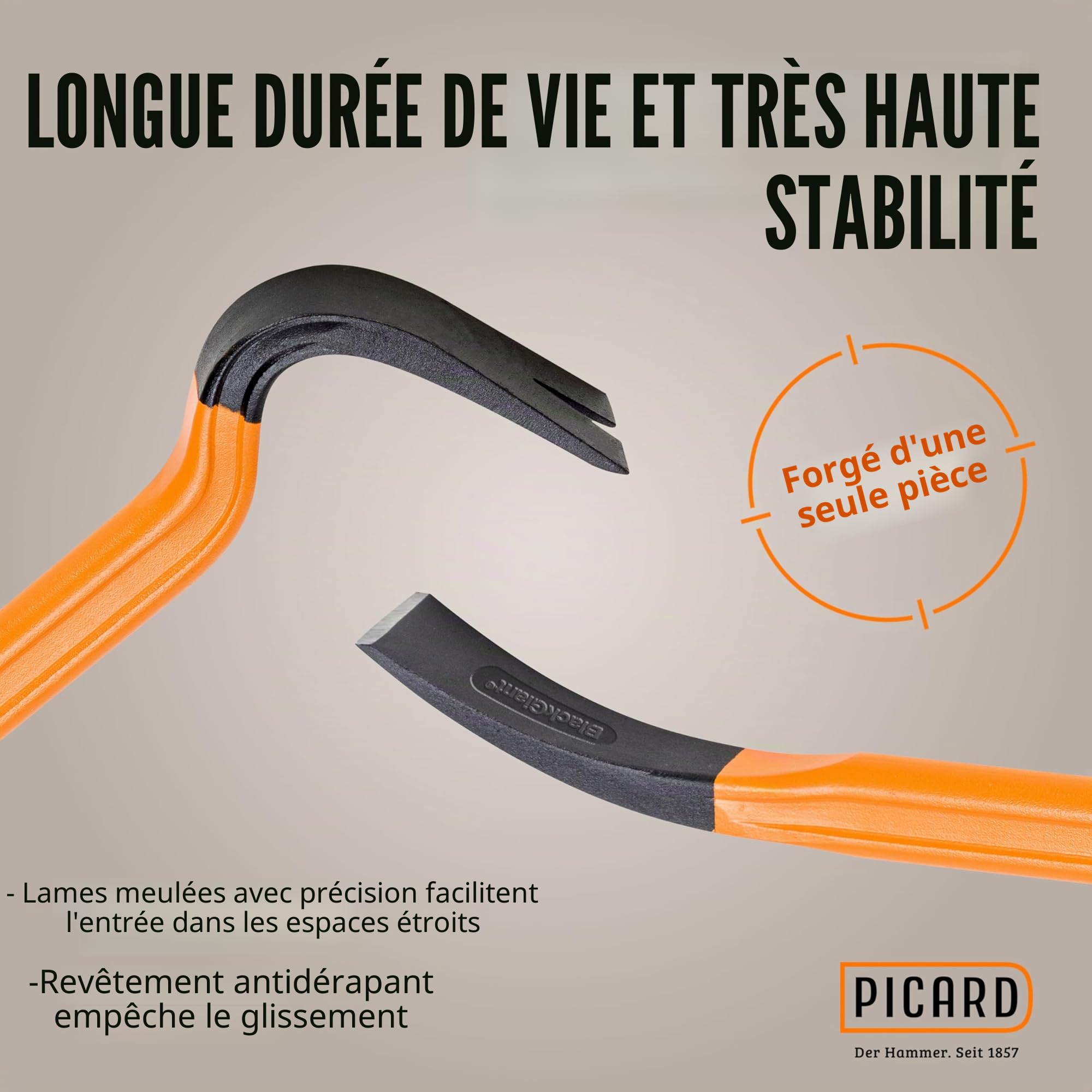 PICARD Pied de biche BlackGiant® 61 cm no. 46Z | Outil professionnel | Pieds-de-biche avec revêtement antidérapant | Levier durable | Mini pied de biche robuste forgé d’une seule pièce