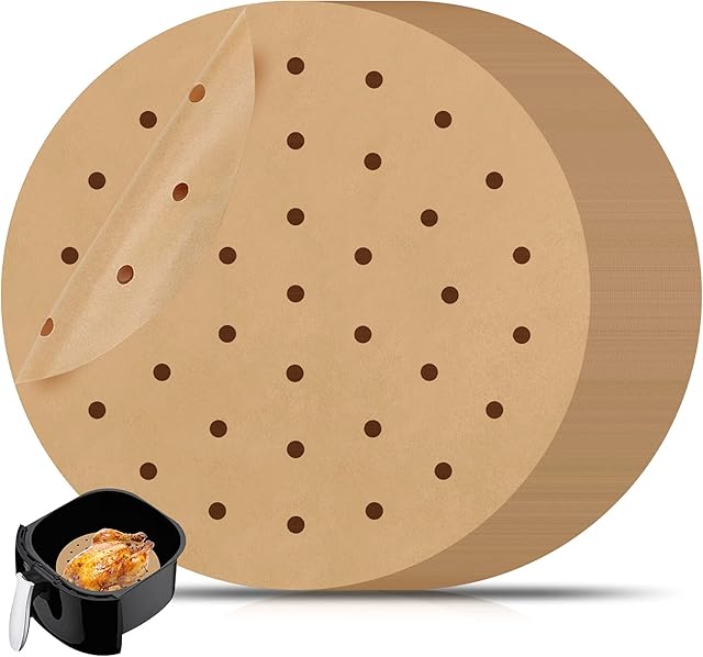 8 inch Air Fryer Parchment Paper Sheets by ASTER, 100 Pcs Perforated Air Fryer Liners/Steaming Parchment Liner, Non-Stick Parchment Paper for Air Fryer, Baking Cookies, Cooking, Bamboo Steamer