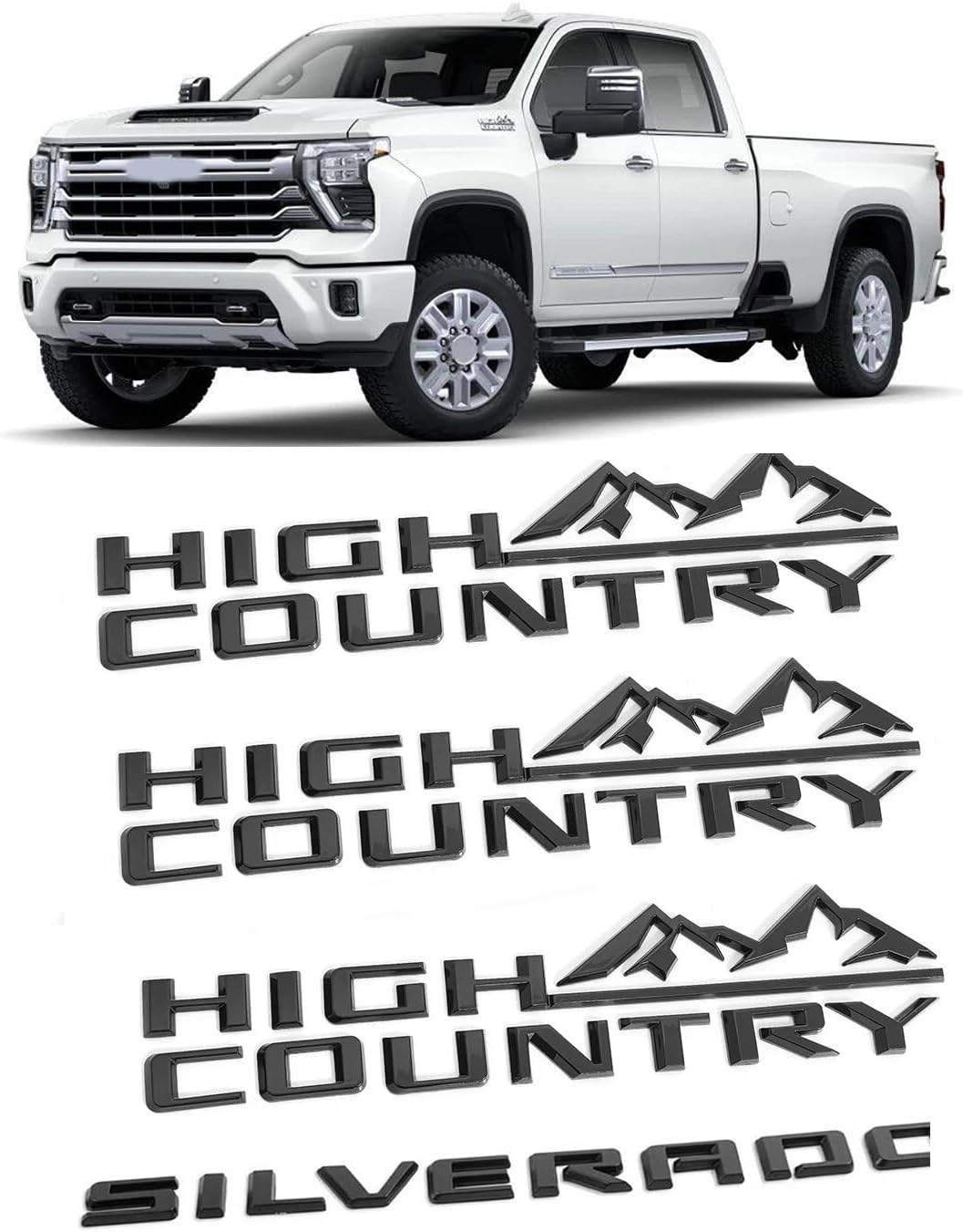 4pack for Silverado Plus Three High Country Emblems 3D Letters Badges Compatible with Silverado 2019-2025 (Gloss Black)