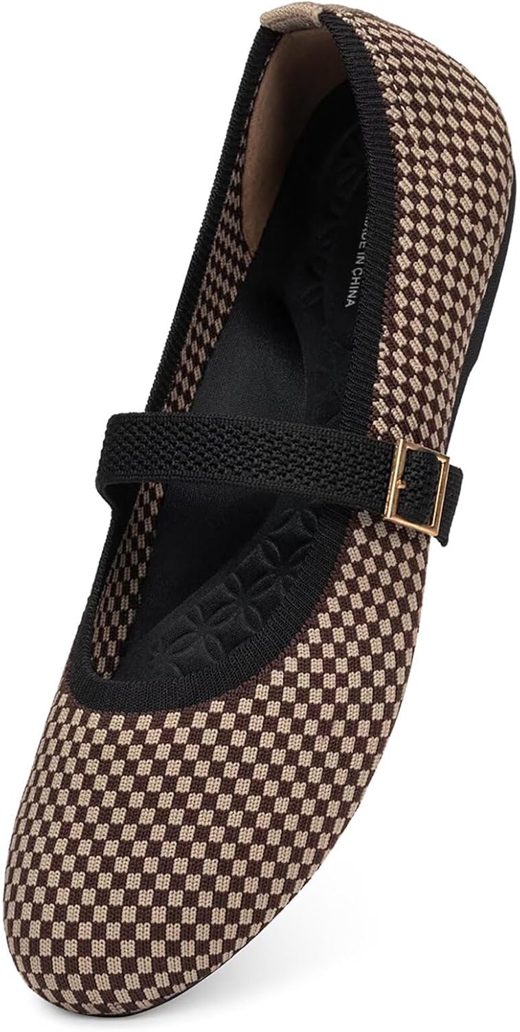 Frank Mully Women's Mary Jane Flats Comfortable Dressy Ballet Flats Casual Round Toe Slip On Washable Knitted Fabric Office Work Woman Shoes