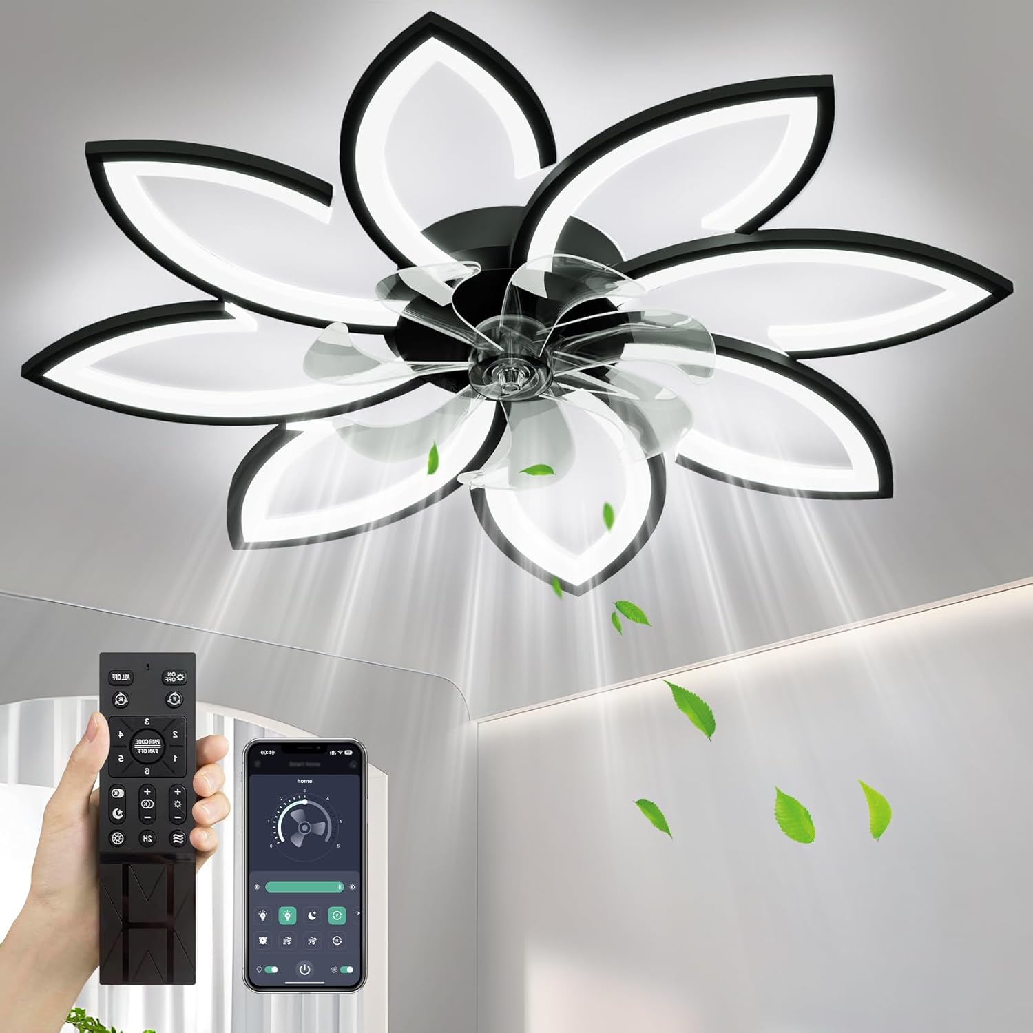 35'' Ceiling Fans with Lights, Modern Ceiling Fan with Lights with Remote, Low Profile Ceiling Fan, 6 Speed Flush Mount Ceiling Fans for Bedroom (Black)