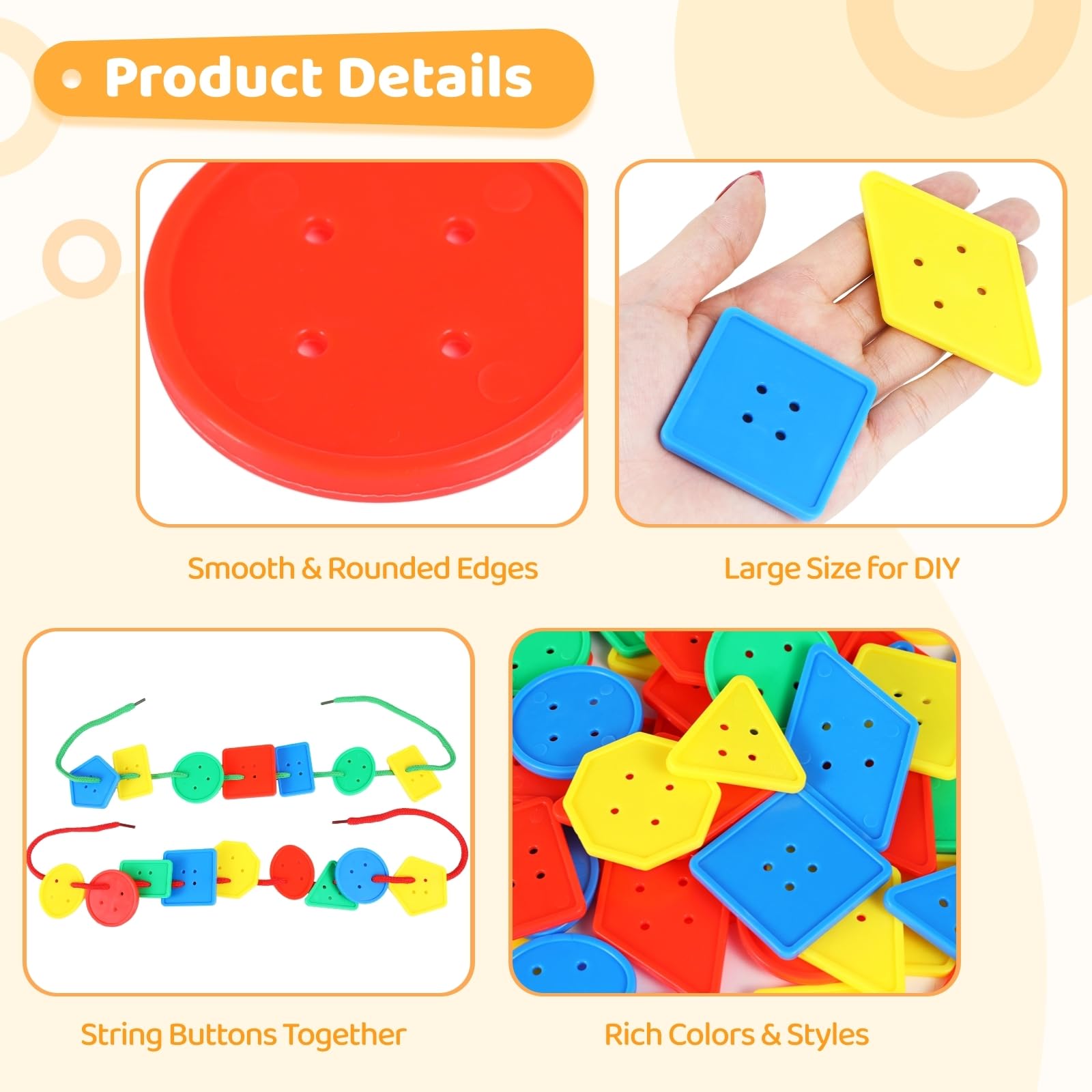 240 Stk. große bunte Knöpfe, geometrische Farbmix-Knöpfe für Kinder ab 3 Jahren, Set mit 30 geflochtenen Schnüren, Formen zum Sortieren für DIY-Bastelprojekte und handgemachte Geschenke