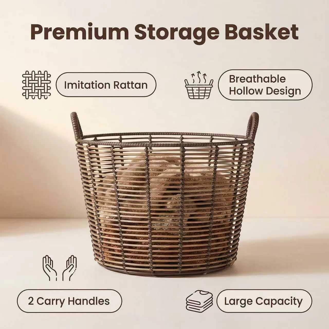 76QT Rattan Woven Basket With Handle, Extra-Large Storage Basket,Used for Storing Clothes, Towels and Various Household Items. Perfect for Living Rooms, Bedrooms, Bathrooms and Dormitories.