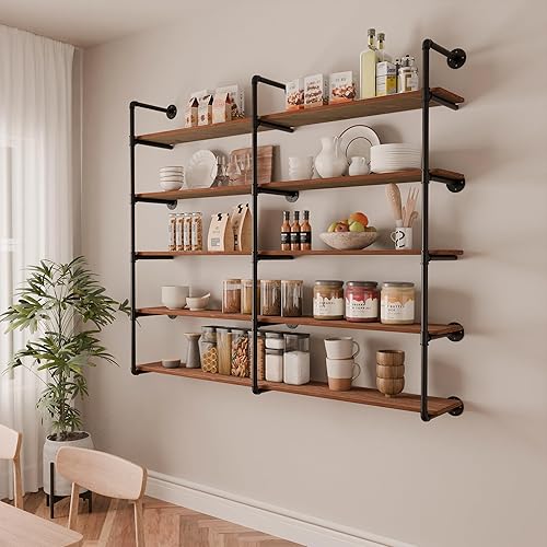 Miniatura 3 de Estante de tubo industrial de 5 niveles, estantes de pared industriales de 72 pulgadas con tablón de madera maciza, estantería de tubería montada en