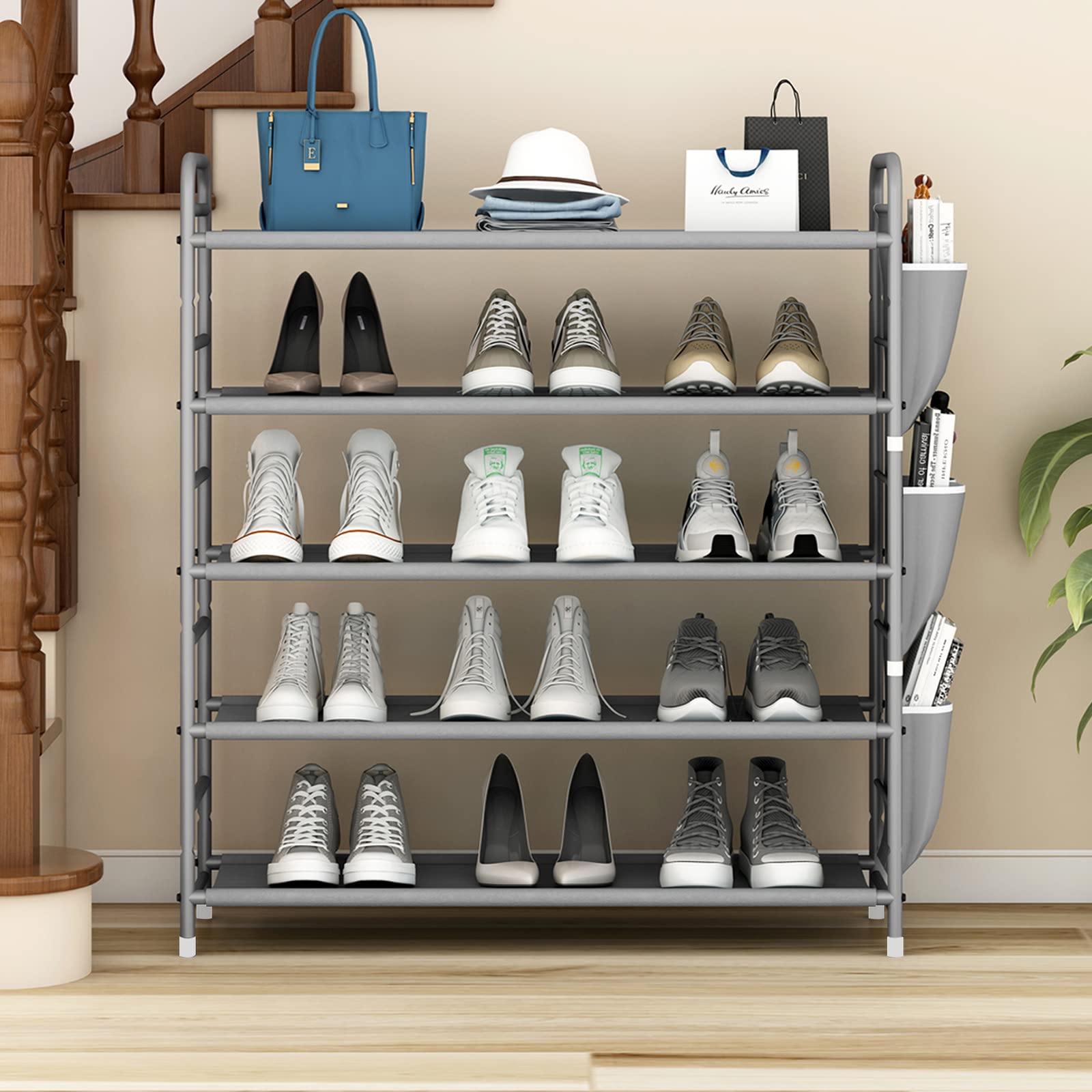 SUOERNUO Shoe Rack Storage Organizer 5 Tier Free Standing Metal Shoe Shelf Shoe Organizer with Side 6 Shoes Pockets for Entryway Closet Bedroom,Grey