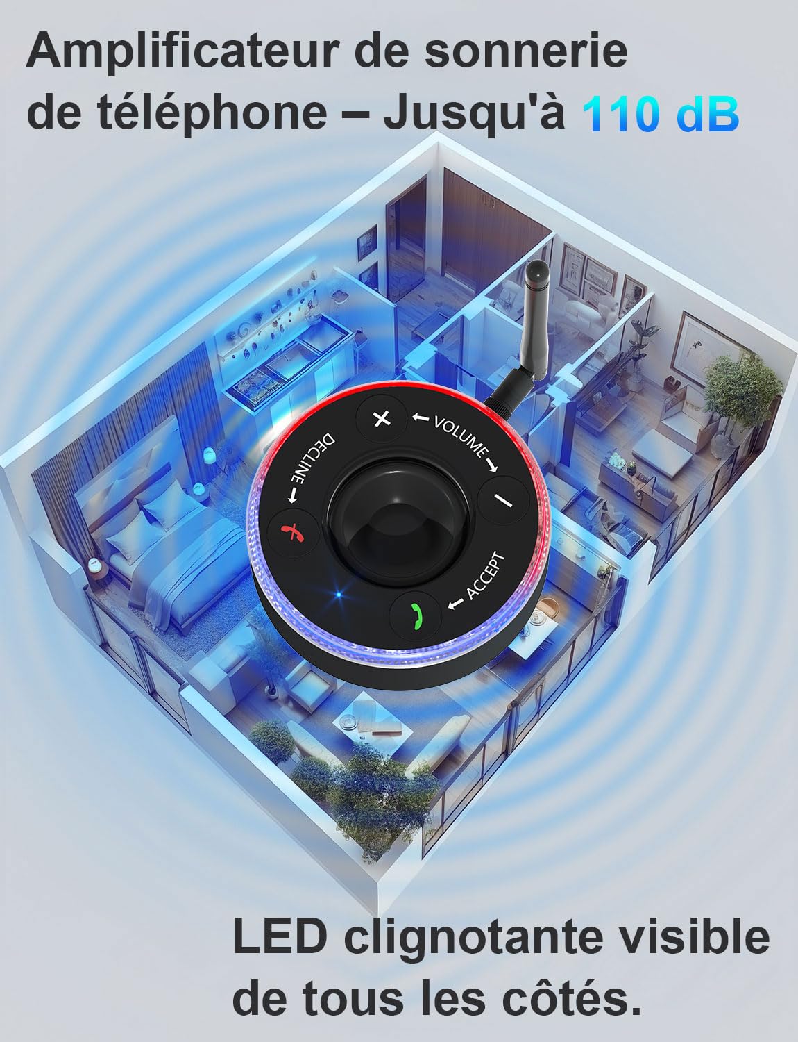 Amplificateur d'appel avec flash 110dB pour seniors et malentendants - Bluetooth, 3 modes, réponse directe depuis l'amplificateur