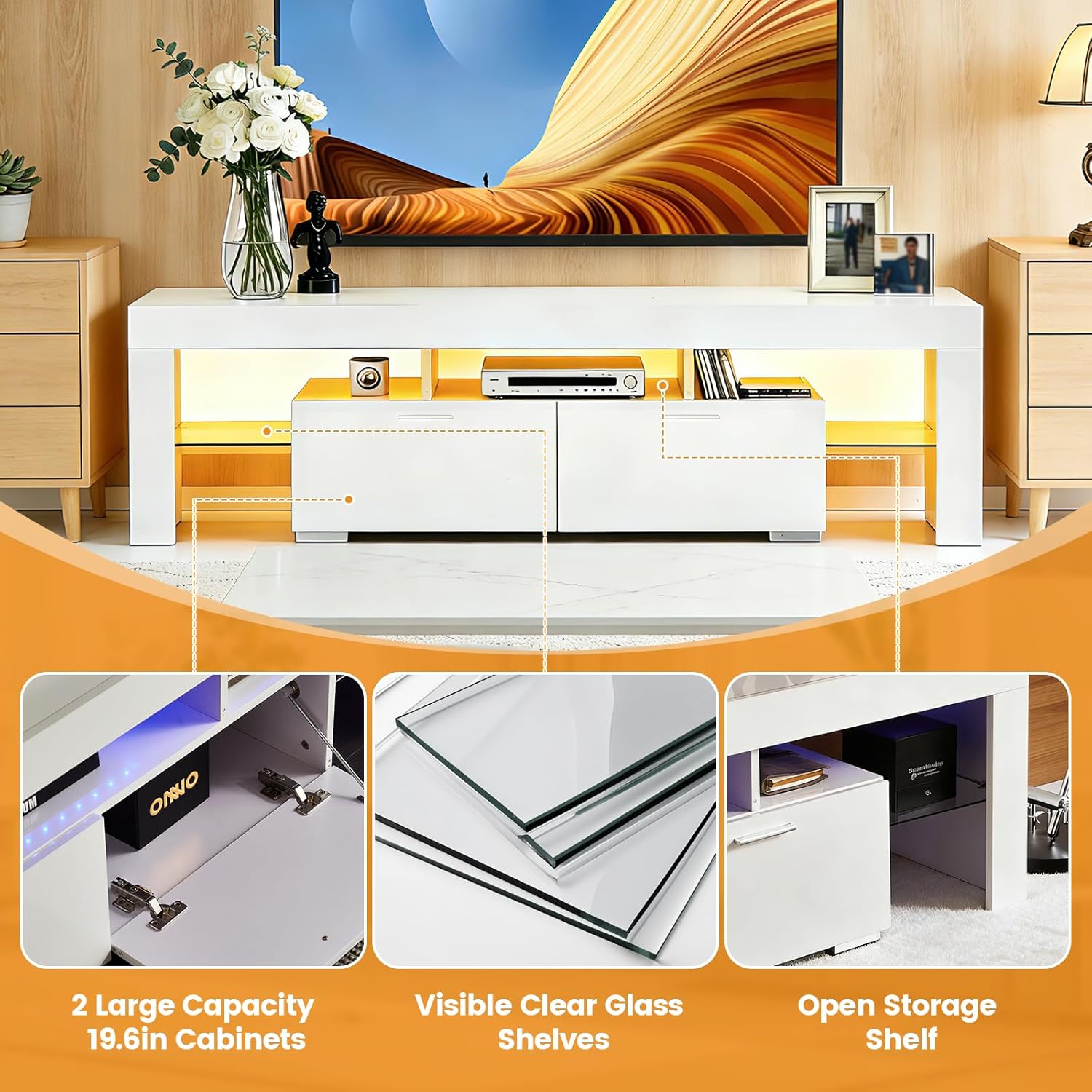 Nrizc TV Stand with LED Lights, Modern Entertainment Center Media with 2 Drawers, Remote Control 16 Color LED Lights, Console Table Storage Desk up to 70 75 Inch TV, for Living Room, Bedroom(White)