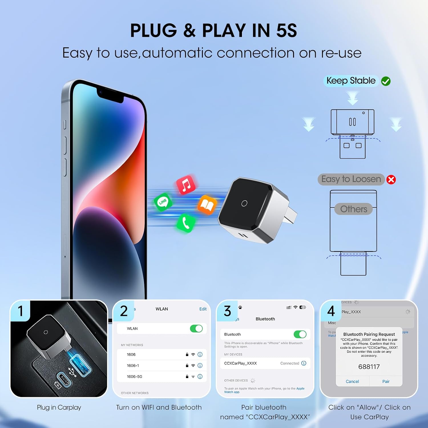Wireless Carplay Adapter for iPhone, Convert Wired to Apple Carplay Wireless Adapter, Mini Size, Plug and Play, Connection Stable No Delay Car Play for Honda Special Models