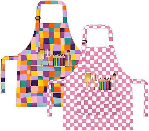 Vista 52 de BeeGreen Delantales de cocina para niños con correa ajustable, con bolsillo frontal para niños pequeños, pintores, artistas horneados negro