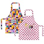 BeeGreen Kids Apron 2 Pack Cell Kids Painting Aprons with Adjustable Strap & Front Pockets Toddler Aprons for Girls & Boys Artist Smocks for Cooking Baking Kitchen Washable, Medium, Yellow,pink,red