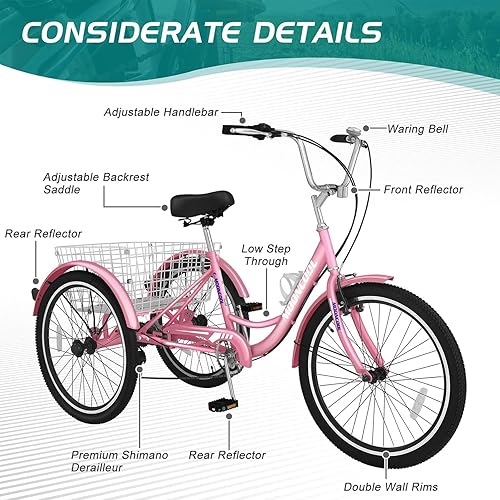 Miniatura 8 de LILYPELLE Triciclos para adultos de 7 velocidades, 3 ruedas, triciclos para adultos de 202426 pulgadas, triciclos de crucero de tres ruedas con