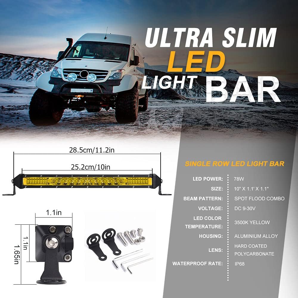 SAMMAN 10Inch LED Light Bar 78W Yellow Spot Flood Combo Beam Driving Off Road Bar Fog Light for Truck Pickup Jeep SUV ATV UTV 2PCS … …