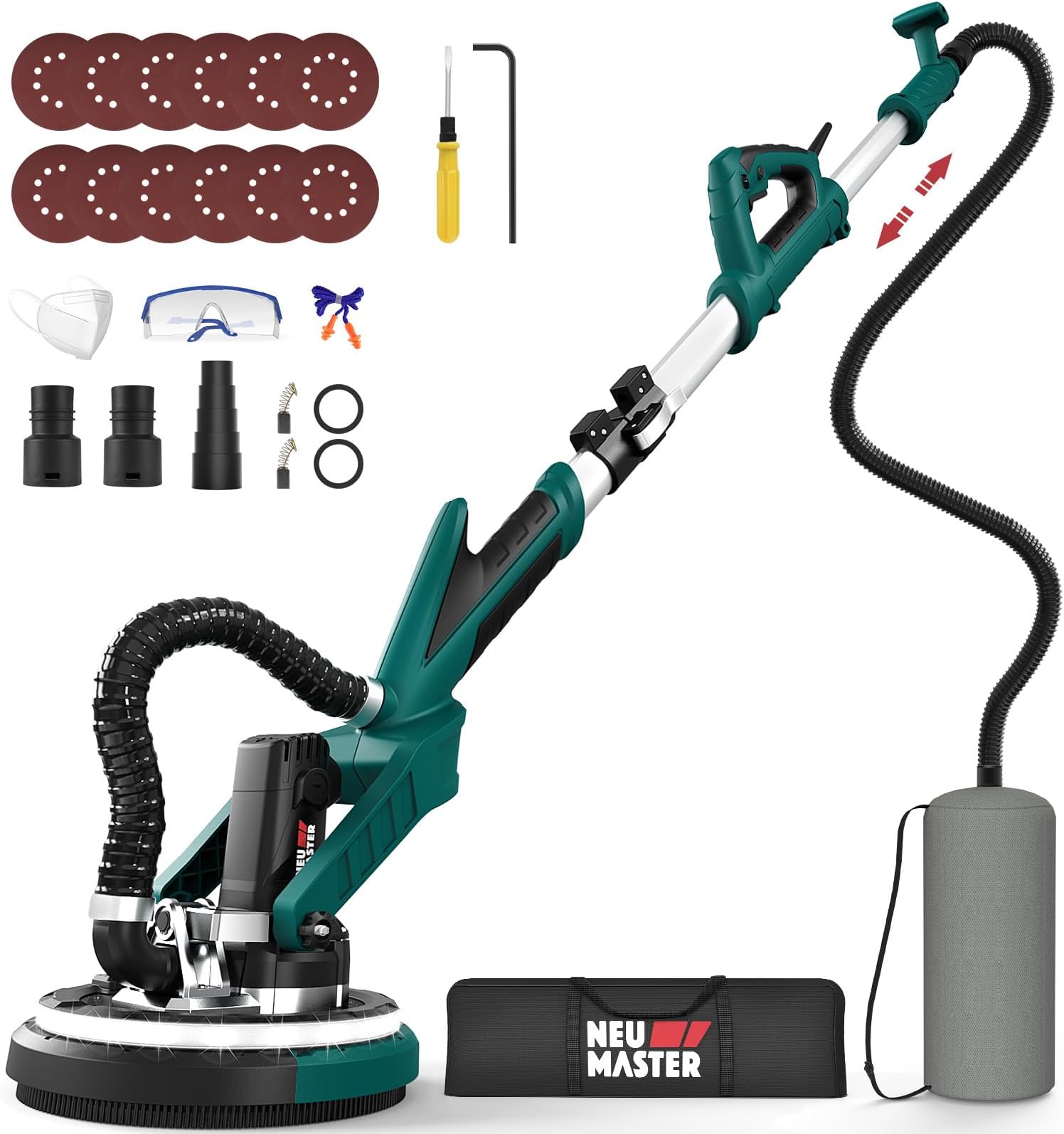 NEU MASTER Electric Drywall Sander - Variable Speed Pole With Vacuum, 900-1800RPM Foldable Ceiling Sander, 12 Sanding Discs, LED Light, Extendable Handle, Dust Bag and Hose