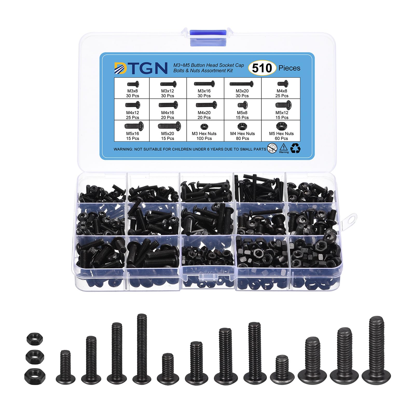 DTGN 510Pack M3 M4 M5(D) Button Head Socket Cap Screws Nuts Kit - 8/12/16/20mm(L) Hex Socket Cap Bolt Nut Assortment - Carbon Steel Black Oxide - Good for Machine