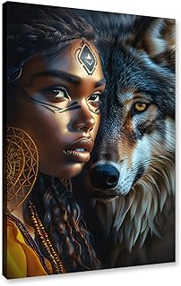 Canvas Trend Native American Indian Wall Art Wolf and Tribe Girl Picture Wall Decor Indigenous Tribal Artwork for Living R...