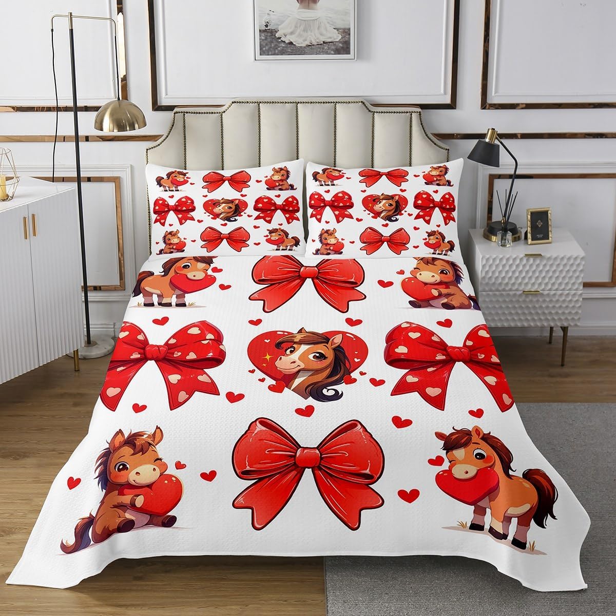 Erosebridal Cute Horse Bow Bedspread Sets Queen Size,Kawaii Bowknot Animal Coverlet Set,Cartoon Farm Animal Bowtie Bed Set,Rustic Farmhouse Style Decor for Horse Lover