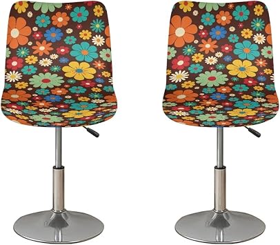 60s 70s Hippie Flower Bar Stools Covers 2 Pcs Barstool Slipcovers Elastic Stool Cushion Cover Swivel Barstool Covers Slipcovers for Low Short Back