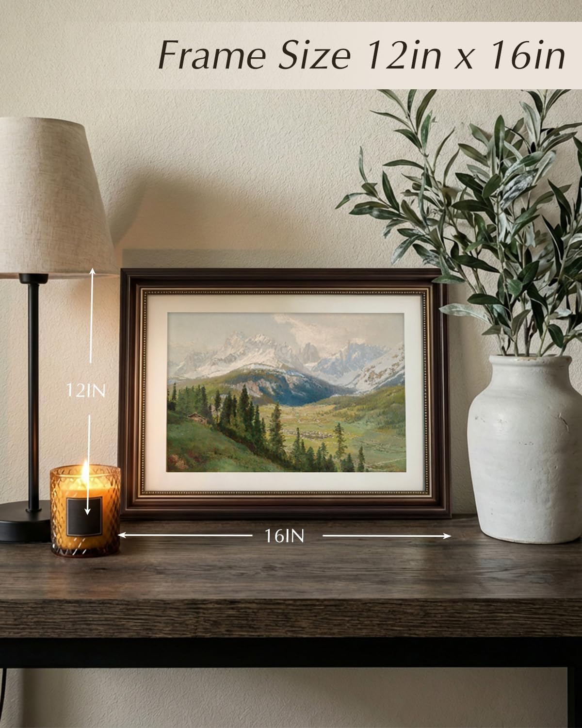 VIYYIEA Brown Framed Wall Art, Vintage Nature Mountain Valley Canvas Prints, Living Room Office Library Landscape Paintings Classical Decor, 16x12in, Deep Green and White Tone