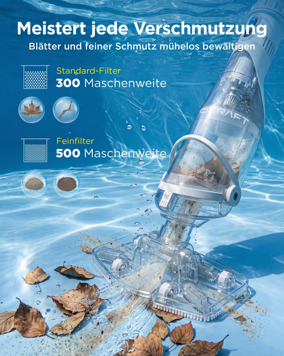 InoKraft Poolsauger Akku für Aufstellpools,Pool Bodensauger,Bodensauger mit 60 Min Laufzeit, 150cm Teleskopstange, 4300 l/h Saugleistung, kabelloser Blauer Schwimmbadreiniger