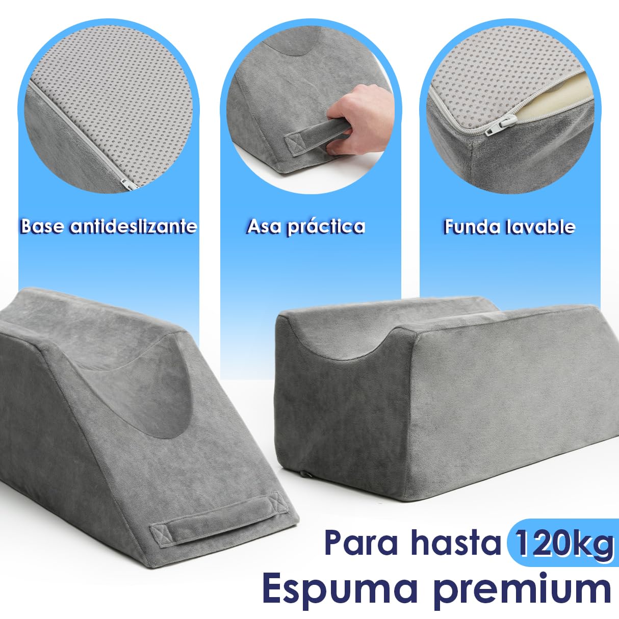 Cojín elevador de piernas – Cojín cuña 68x25x22 cm memory foam – Elevar pierna después de operación pie rodilla tobillo – Asa de transporte & antideslizante – Cojín venoso – Funda lavable OEKO-TEX