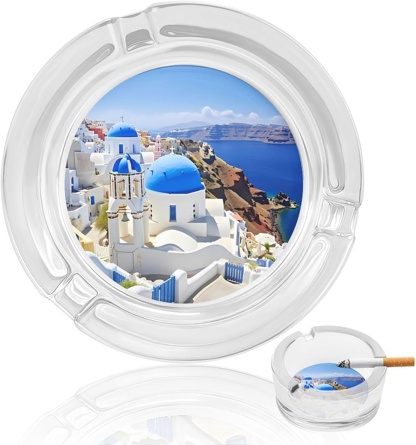 Santorini Greece Funny Glass Ashtray for Cigarettes Round Cigarette Ash Holders for Home Office Desk Decor