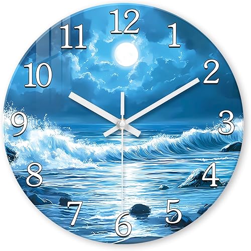 Miniatura 9 de XFM Reloj de pared azul de 12 pulgadas Luna Relojes de pared con pilas, silencioso, sin tictac, moderno, decorativo, redondo, analógico, para sala
