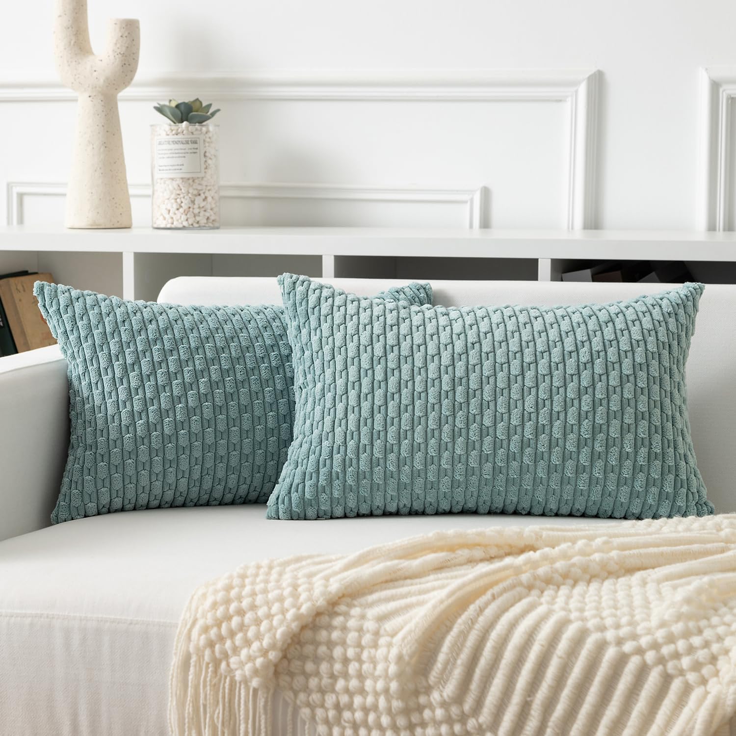 Kevin Textile Boho Cushion Covers 30 x 50 cm Set of 2 Soft Striped Corduroy Decorative Rectangular Lumbar 12x20 Inch Pillowcases with Invisible Zipper for Chair Couch Sofa Bedroom, Dusty Green