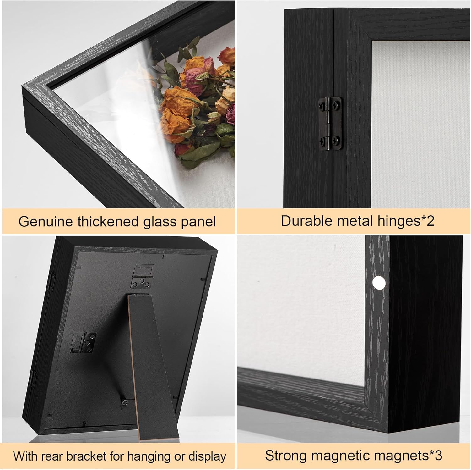11x14 Deep Shadow Box Picture Frame Display Case with Linen Back and Stand,Real Glass Black Shadow Memory Box Frame 11x14 for Graduation Flower Medal Baby Pet Photo Art Craft Memorial Gift