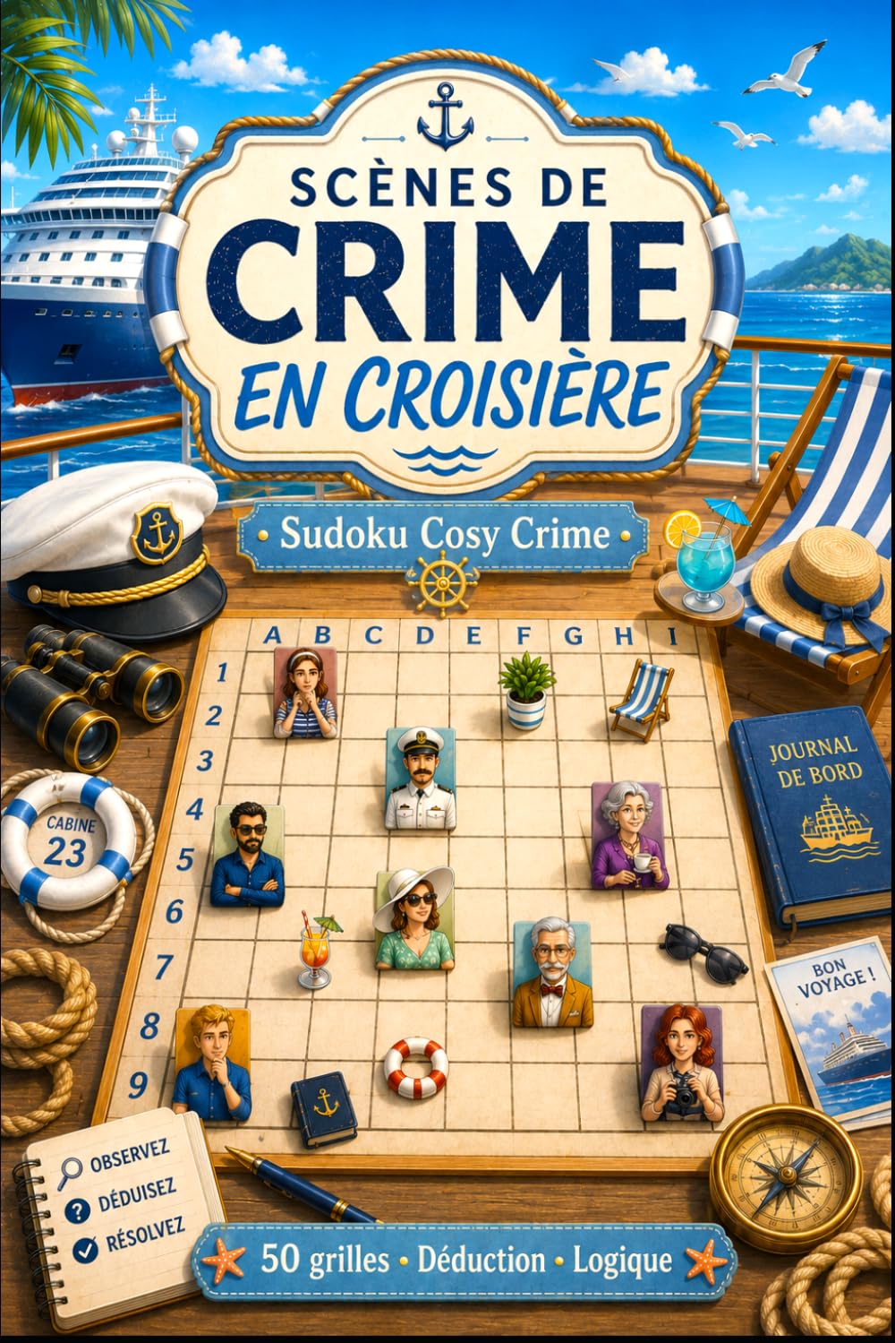 Criméo - Scènes de Crime en Croisière - Sudoku Cosy Crime: Livre énigme adulte - 50 enquêtes logiques à résoudre en mer - Déduction, difficulté croissante. Livre en couleur