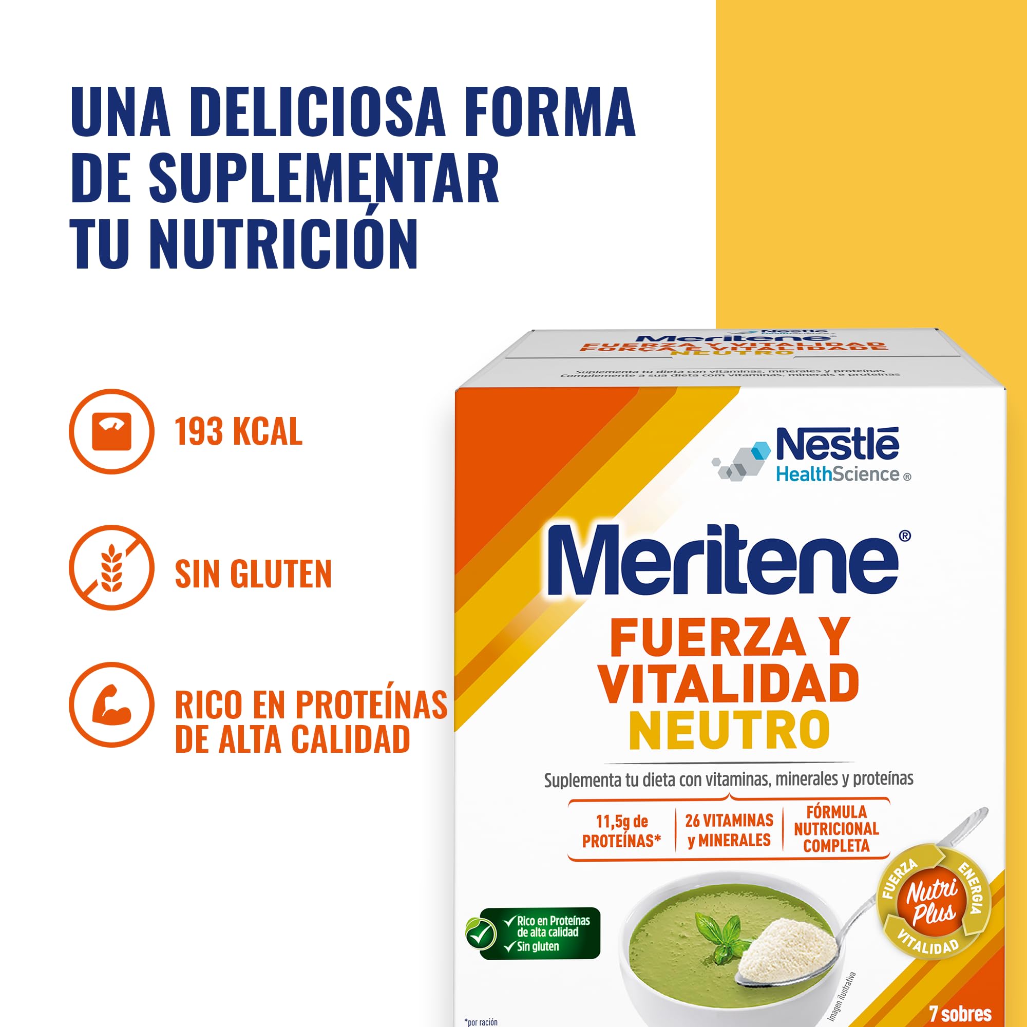 Meritene | Fuerza y Vitalidad |Sabor Neutro | Fuerza para tus Músculos, Vitalidad para ti | Solución Nutricional para Adultos con Proteínas, Vitaminas y Minerales| 7 Sobres | 350 gr (Paquete de 4)