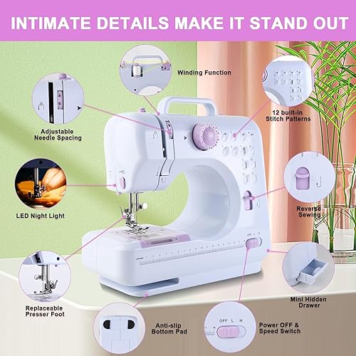Miniatura 12 de Máquina de coser para principiantes y niños, mini máquinas de coser portátiles con 12 patrones de costura incorporados, pedal de pie de 2 Púrpura