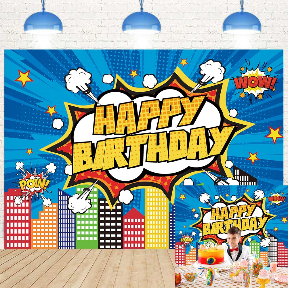 Generic Superhero Cityscape Happy Birthday Backdrop Blue Skyline Buildings Boom Super City Party Photography Background Baby Shower Boy Girl Kids
