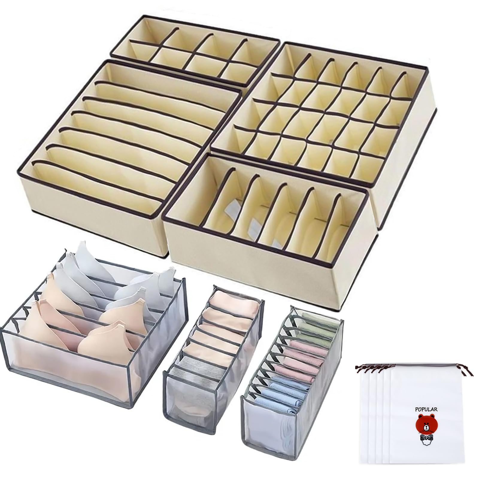 Juego de 12 Organizador Armario Ropa Interior, Almacenaje Plegables de Tela, Cajas Organizadoras Cajones, para Camiseta, Sujetadores, Calcetines, Corbatas(Beige)
