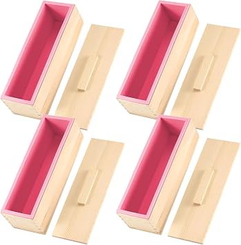ZOENHOU 42oz Pink Soap Mold with 4 Wooden Lids Flexible Rectangle Silicone Soap Making Mold Kit with Wooden Box DIY Tool Set for Soap Making Supplies