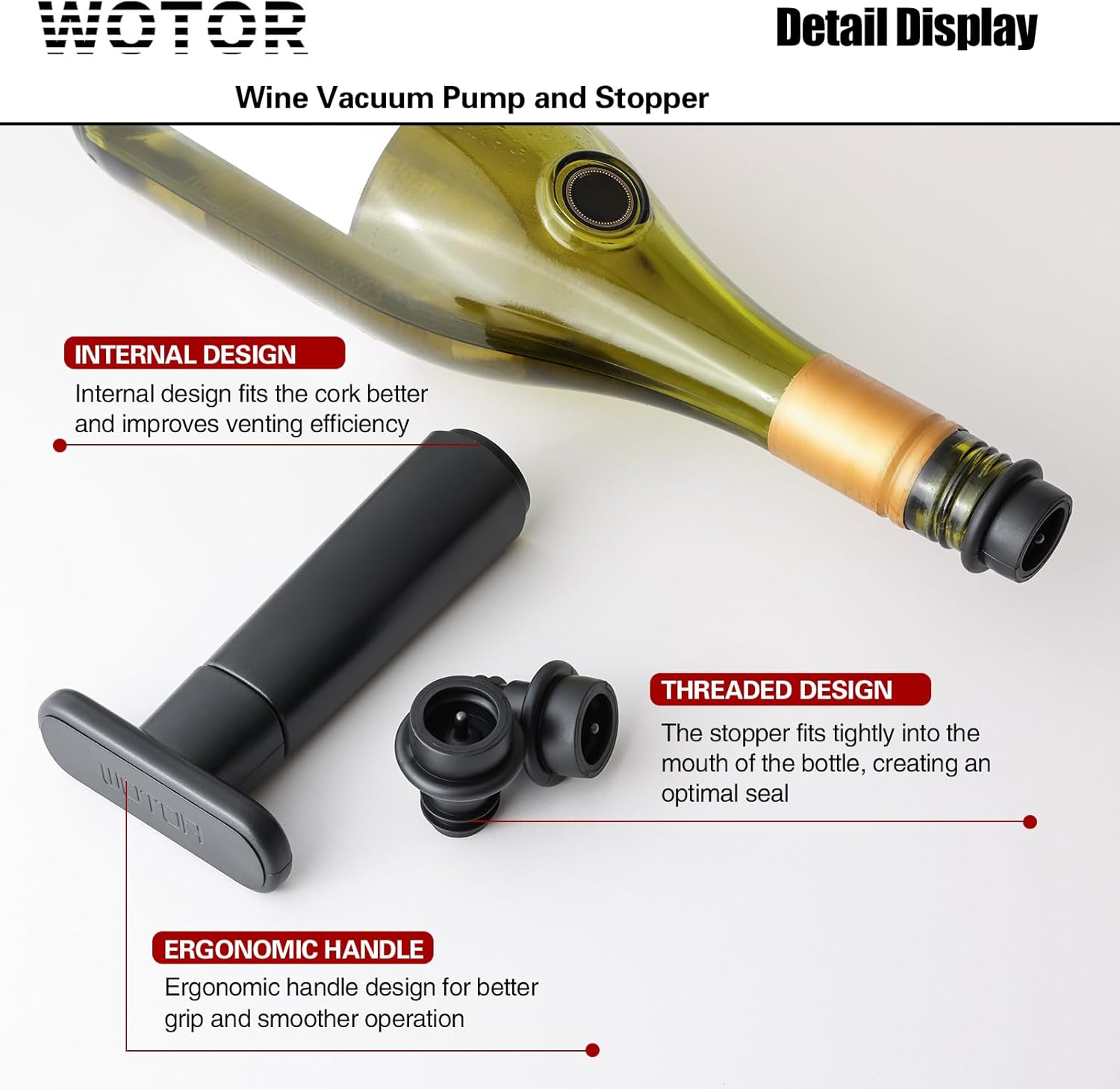 WOTOR Wine Saver Vacuum Pump with 4 Stoppers, Reusable Bottle Sealer Keeps Wine Fresh