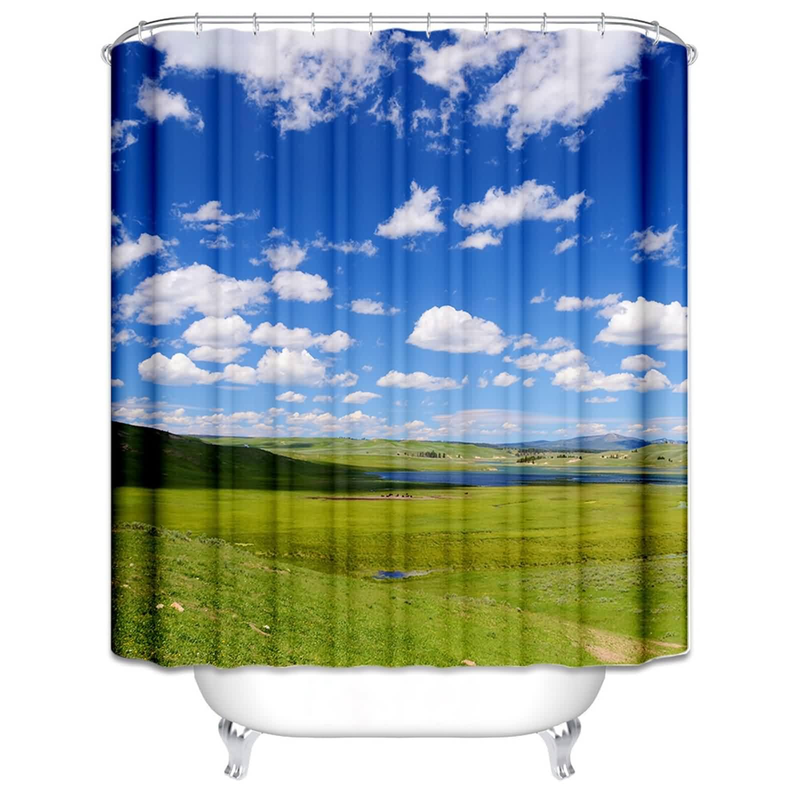 Rideau douche rétro meuble salle bain champ vert ciel bleu anneaux baignoire