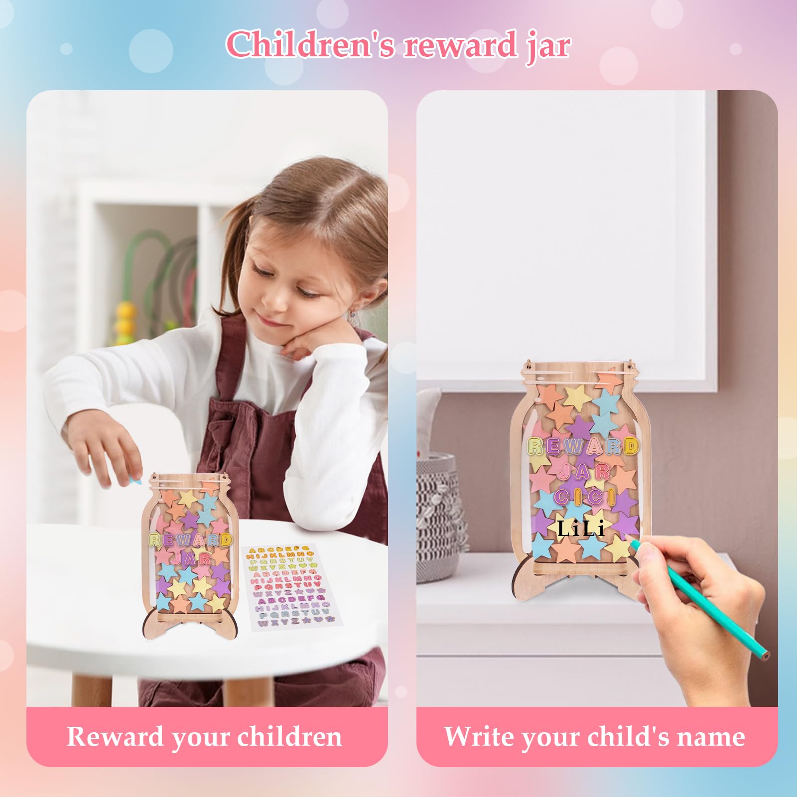 Star Reward Jar,Reward Incentive Jar with 30 Stars,Wooden Reward Chart for Children's Good Behavior,Classroom Stars Reward Jar Reward Chart for Kids Daily Routine Chores Bedtime Class - Image 3