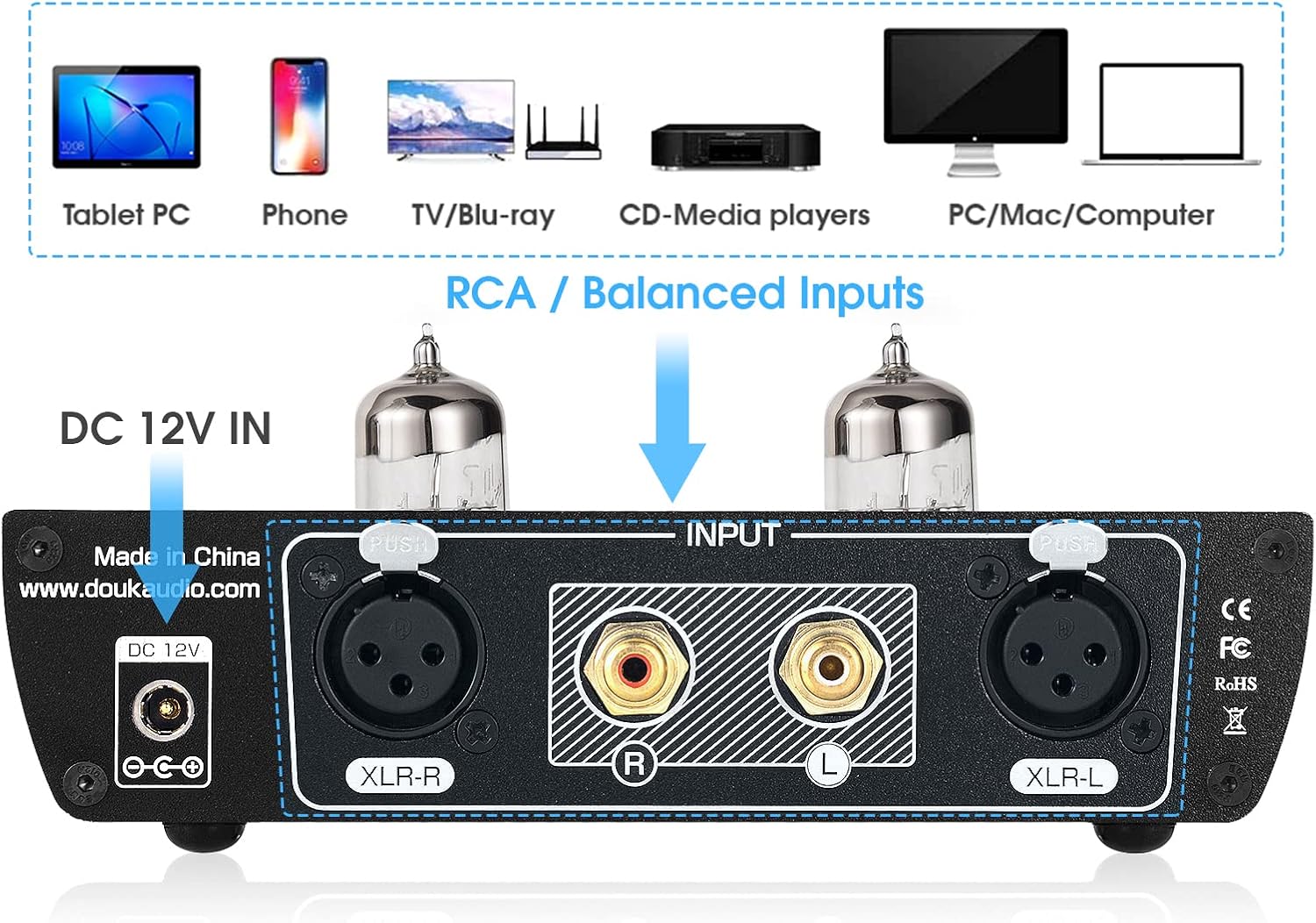 Rear panel diagram of Douk Audio H2 showing RCA and XLR inputs and DC 12V power input.